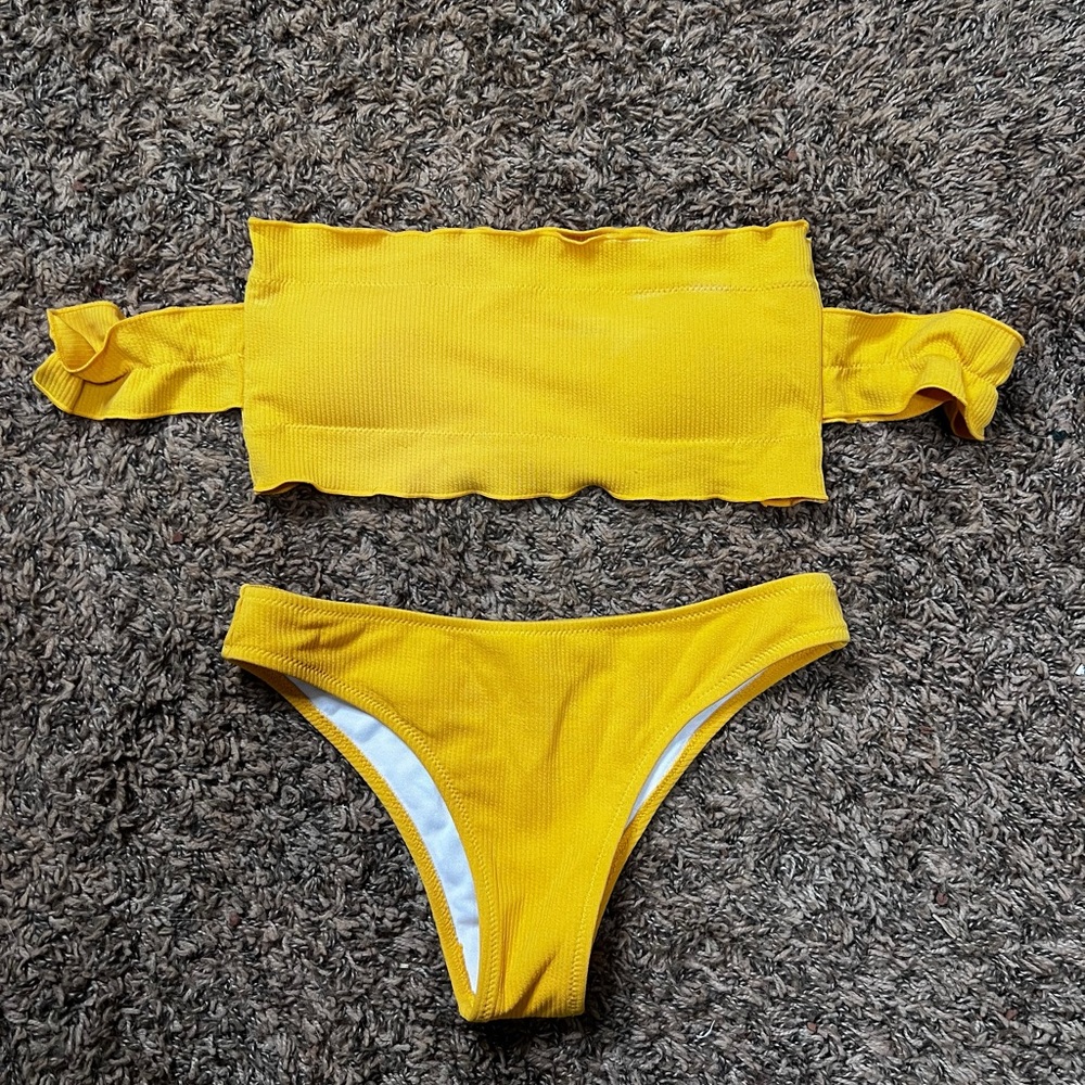 yellow off the shoulder two piece swim suit